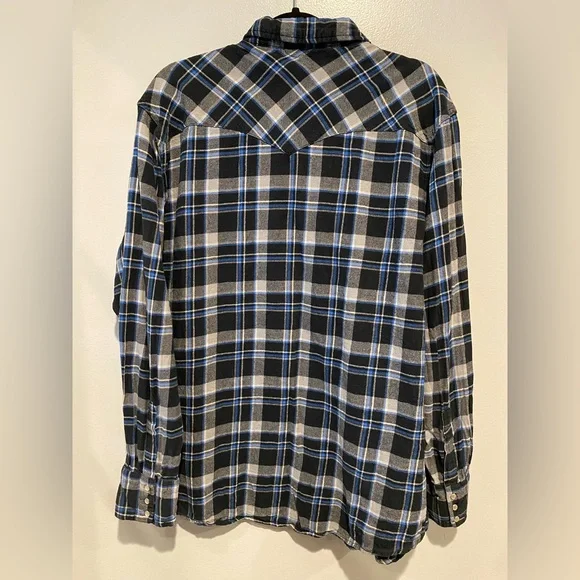 Wrangler Wrancher Mens 2XT Western Plaid Pearl Snap Flannel Shirt Blue Gray - Picture 3 of 8